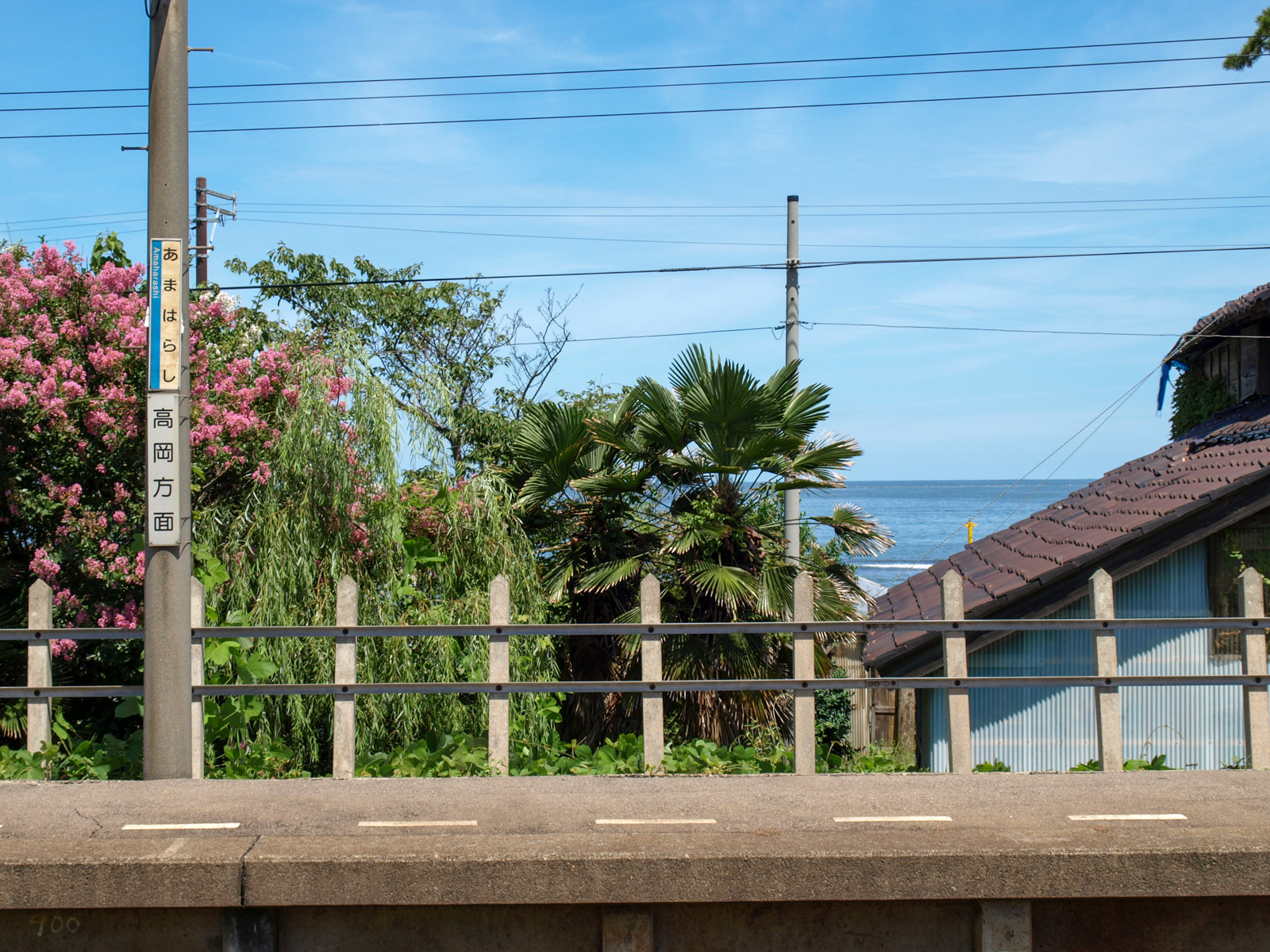 ホームと海岸の間に家屋と雑木林があった頃の、雨晴駅のホームから見えた富山湾（2008年8月）