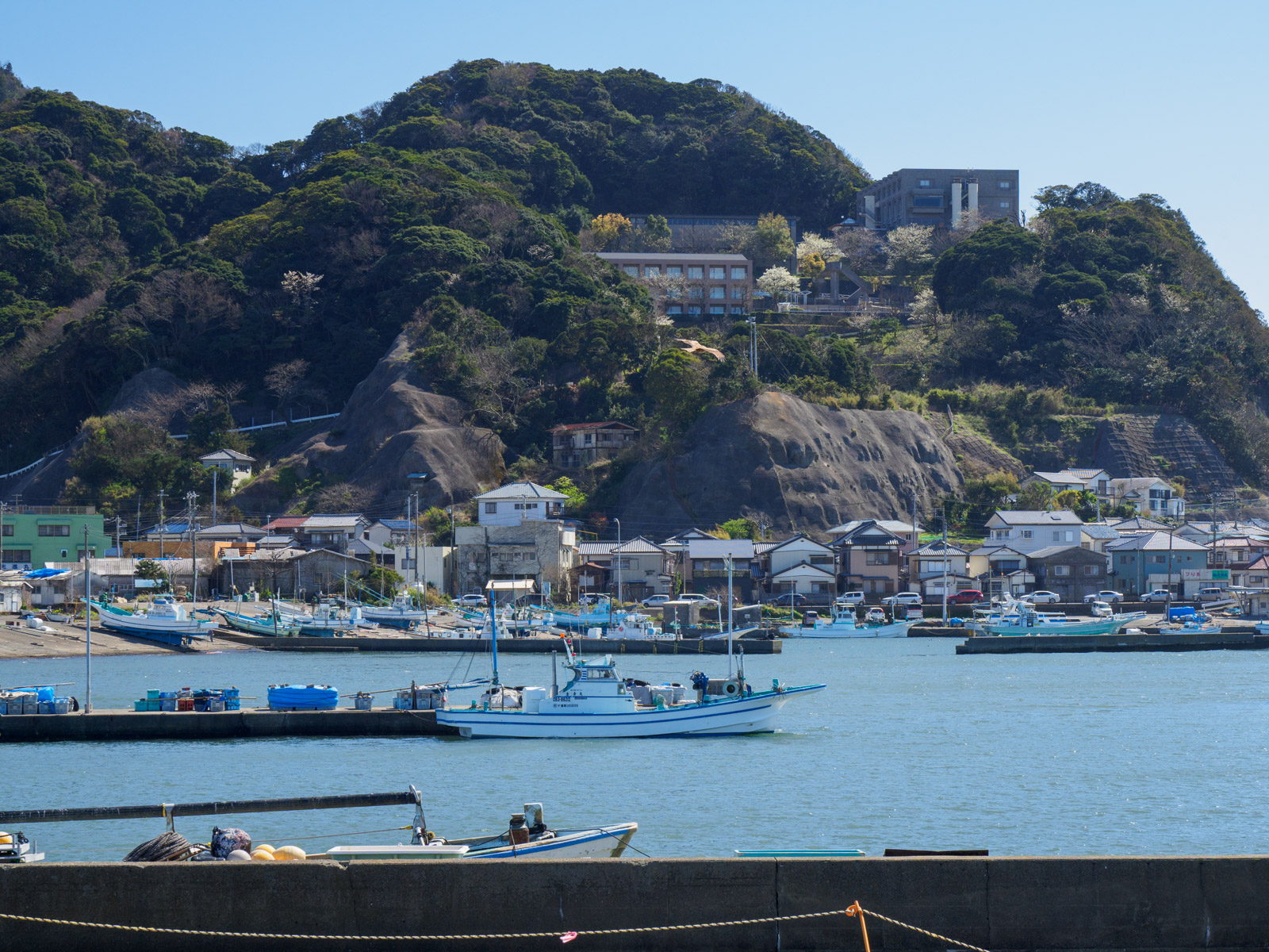 金谷海浜公園から見た金谷漁港(2020年3月)
