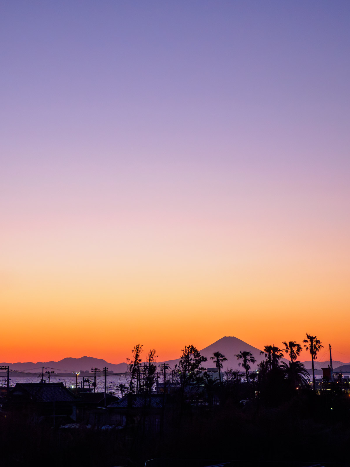 浜金谷駅の跨線橋から見た、東京湾と富士山の夕暮れ(2020年3月)