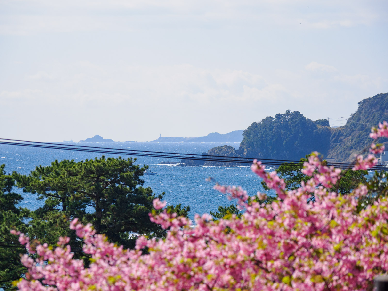 今井浜海岸駅のホームから見た、爪木崎灯台と爪木島(2025年3月)
