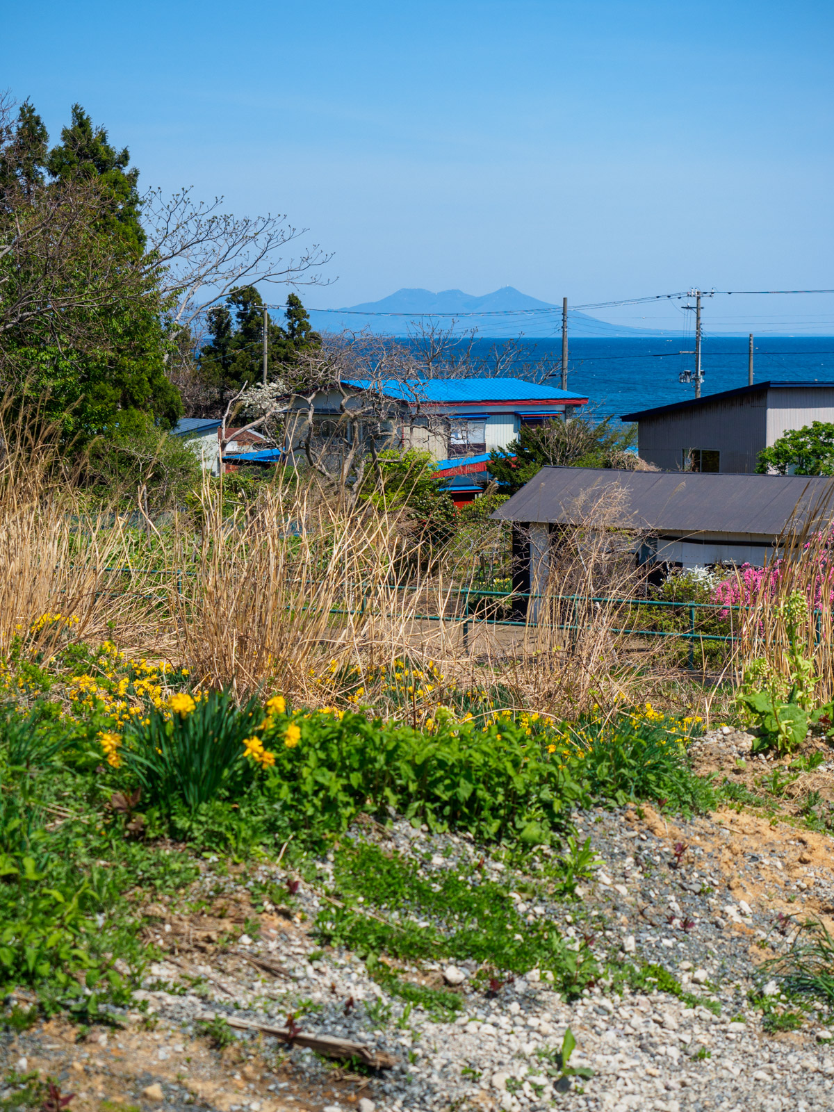 狩場沢駅前から見た恐山山地（2017年5月）
