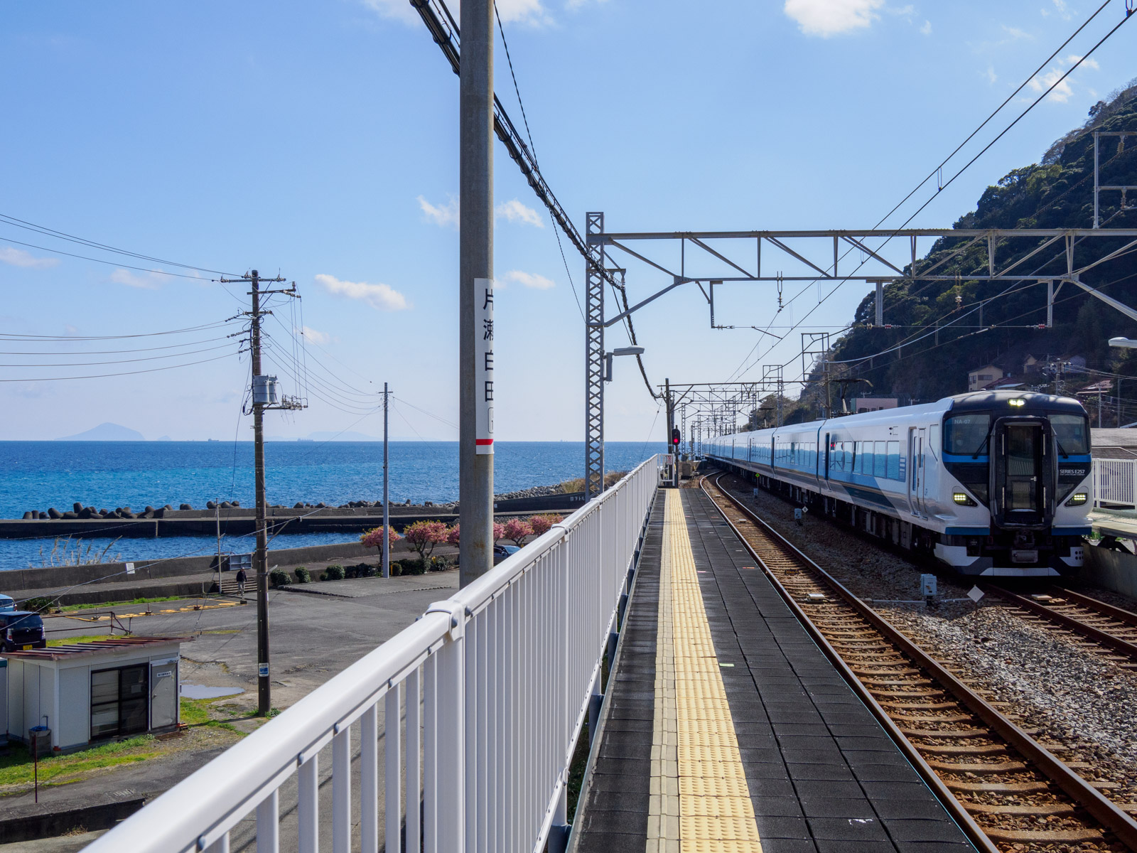 相模灘の見える片瀬白田駅のホームと、通過する特急「踊り子」(2025年3月)