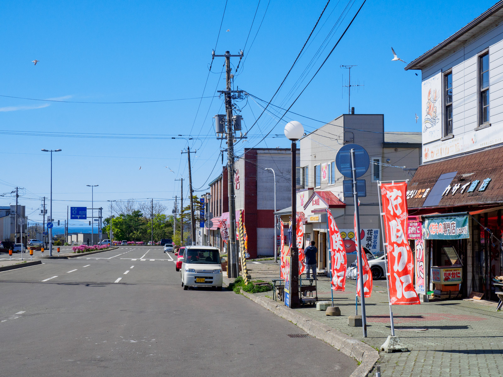 根室駅前から見た、駅前通りと根室湾（2024年6月）