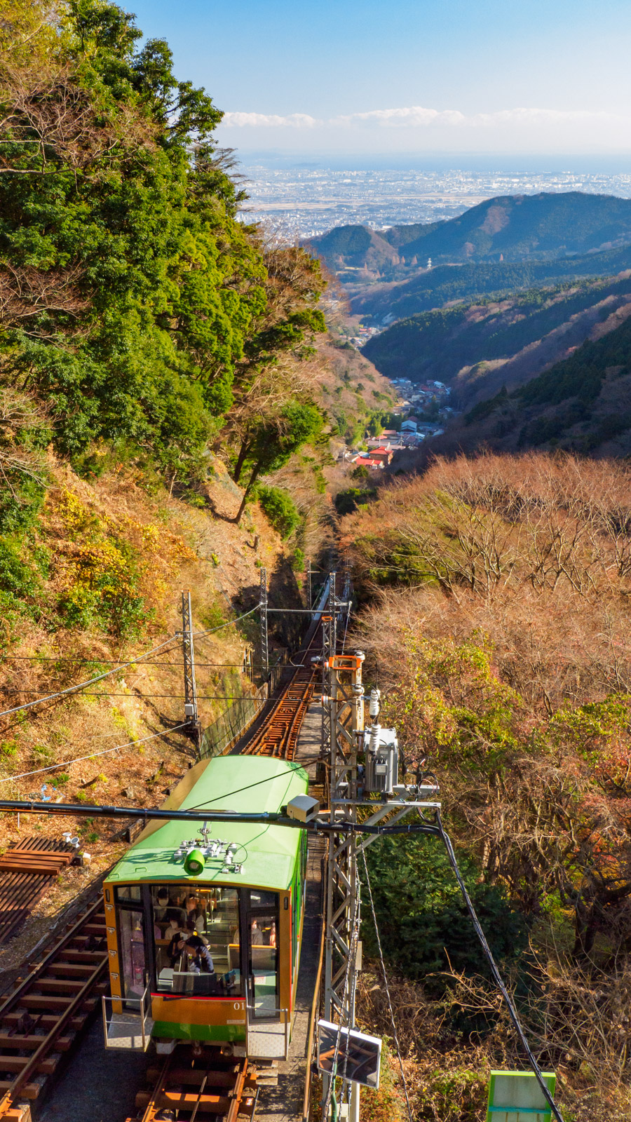 大山寺駅の跨線橋から見た、ケーブルカーと平野と相模湾（2022年12月）