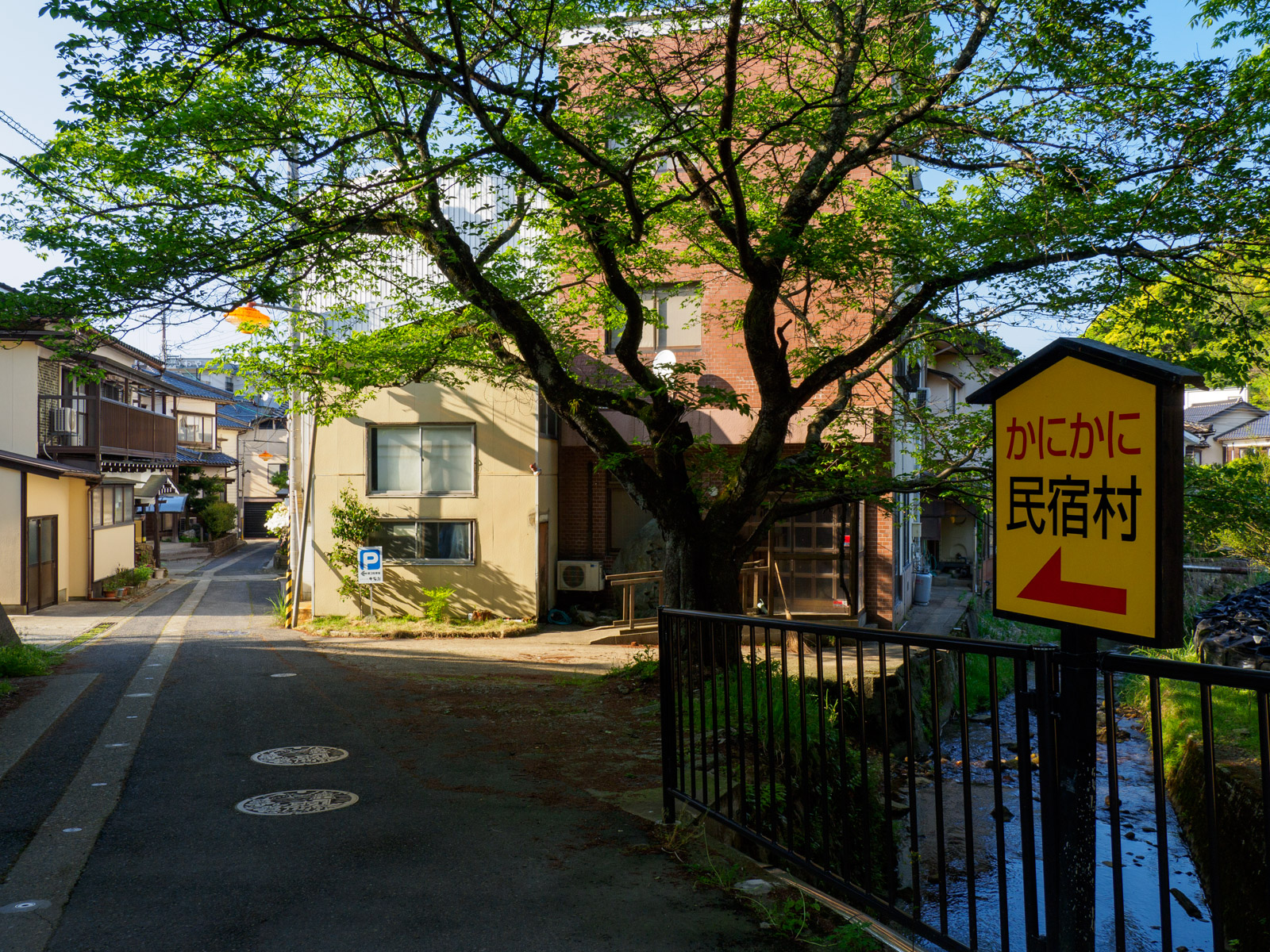 柴山駅のそばにある「かにかに民宿村」の看板（2022年5月）