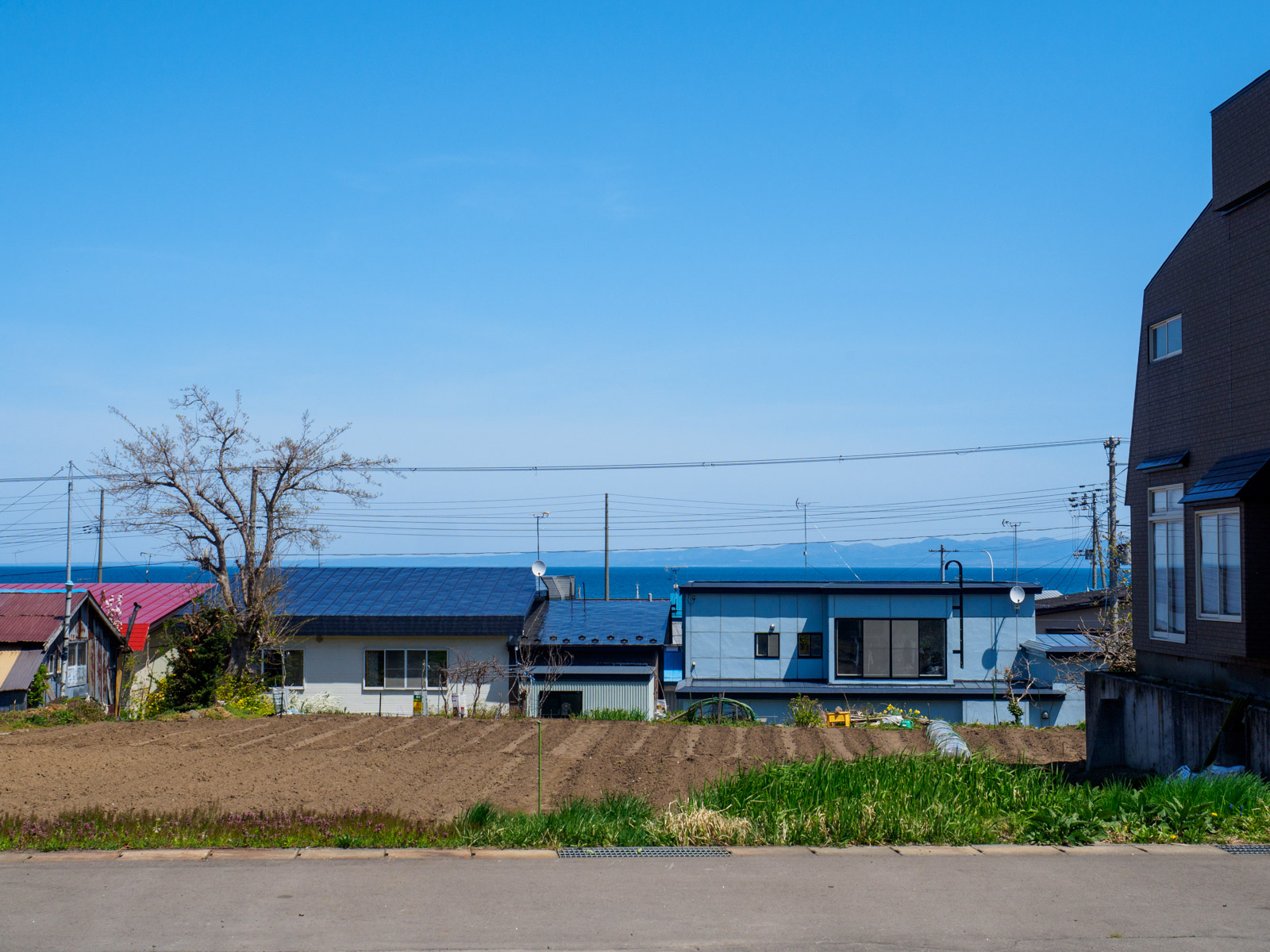 清水川駅前の畑と集落、陸奥湾（2017年5月）