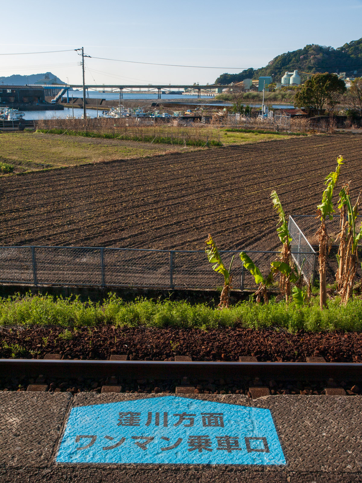 土佐新荘駅のホームから見た、須崎湾と新荘川（2013年3月）